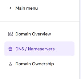 Hostinger domain menu with DNS/Nameservers highlighted