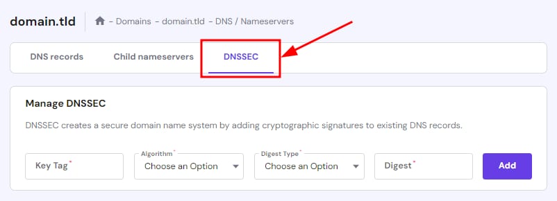 DNSSEC tab in Hostinger domain DNS management interface highlighted