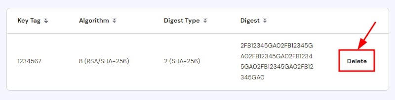 Hostinger DNSSEC record row with the Delete button highlighted on the right