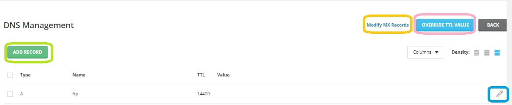DNS Management page with Add Record and Override TTL Value buttons highlighted