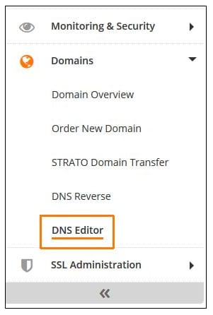 STRATO control panel menu with DNS Editor highlighted under Domains