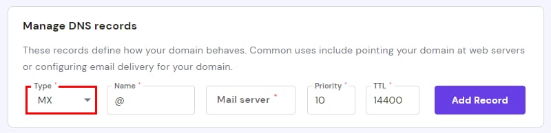 Hostinger DNS records form with MX type dropdown highlighted