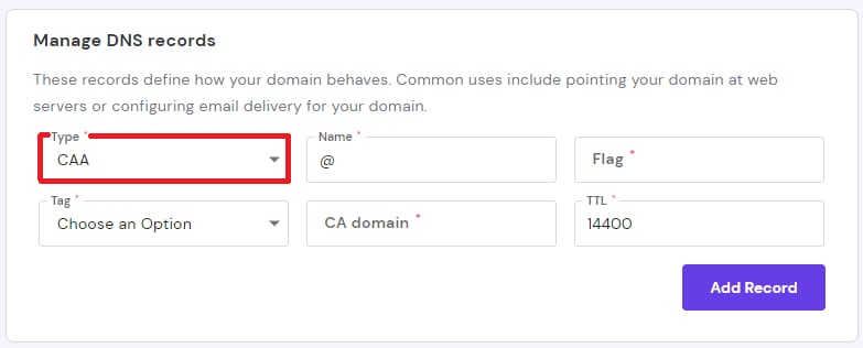 Hostinger DNS record form with the CAA type dropdown highlighted