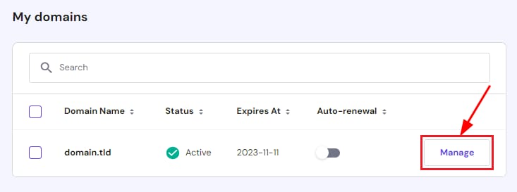 Hostinger domains page with the domain Manage button highlighted