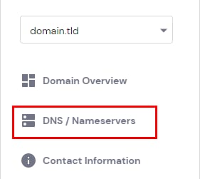 DNS / Nameservers menu option for a domain in Hostinger panel