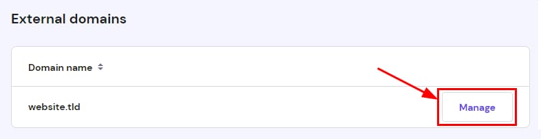 External domains list with website.tld and highlighted Manage button