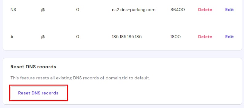 Hostinger DNS settings page with the Reset DNS records button highlighted at the bottom