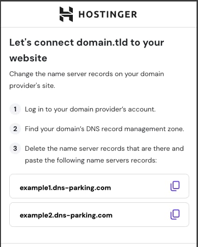 Hostinger domain setup page showing nameserver records example1.dns-parking.com and example2.dns-parking.com