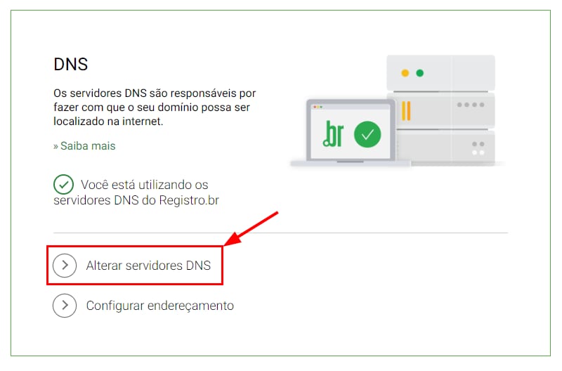 Registro.br DNS page with “Alterar servidores DNS” option highlighted