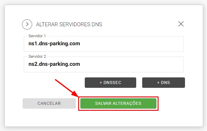 Registro.BR DNS change dialog with the Salvar Alterações button highlighted