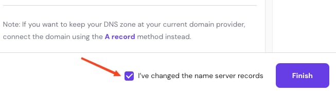 Checkbox to confirm name server records changed, next to a Finish button