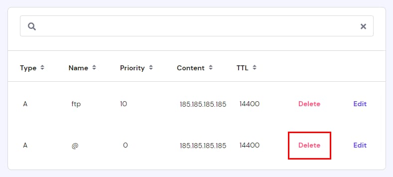 Hostinger DNS records table with the Delete action highlighted for the @ A record