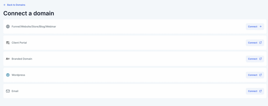 Connect a domain screen with options for funnel, client portal, branded domain, WordPress, and email