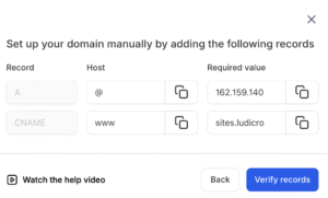 Domain setup modal showing A and CNAME records with copy icons and Verify records button
