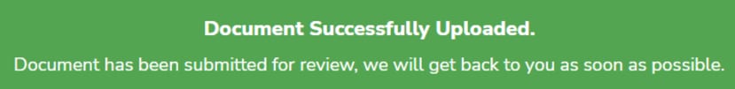 Hostinger notification banner saying document successfully uploaded and submitted for review