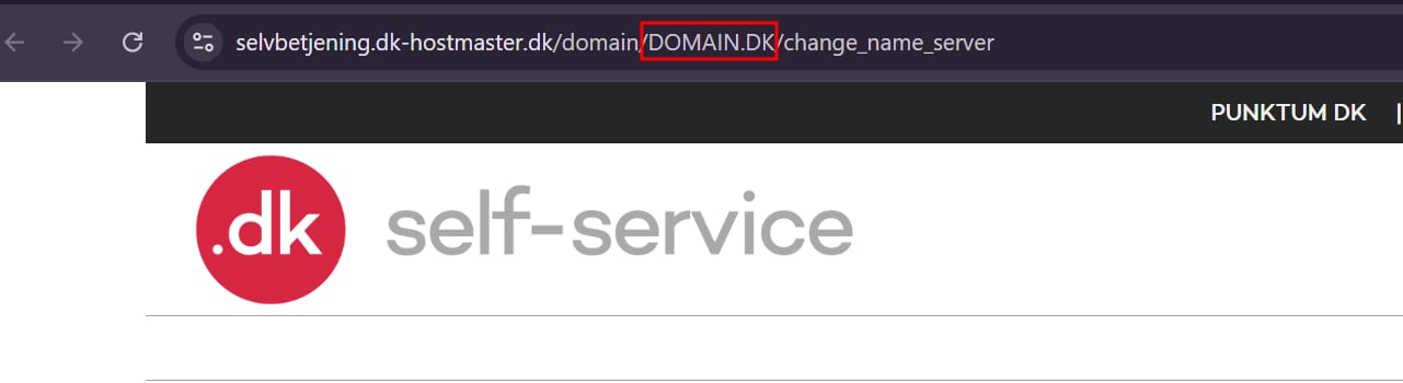 .dk self-service page with DOMAIN.DK highlighted in the browser address bar