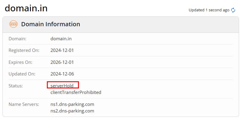 Domain information page showing status serverHold highlighted for domain.in