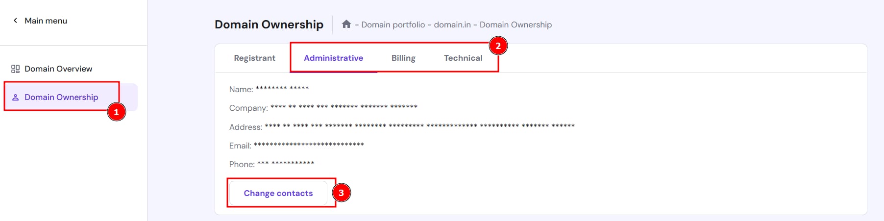 Hostinger domain ownership page with Administrative tab and Change contacts button highlighted