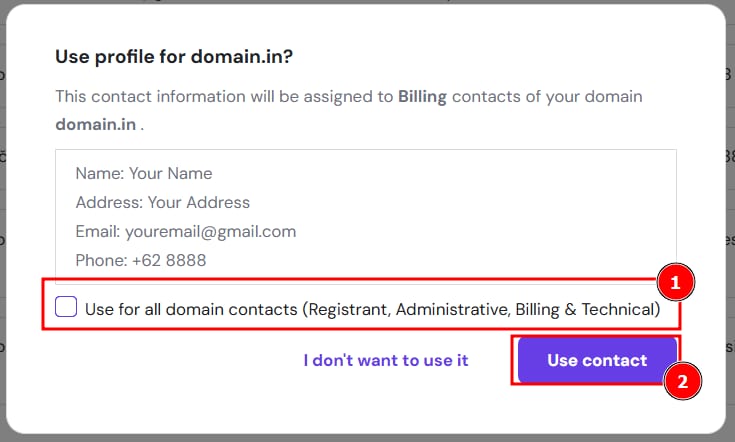 Hostinger dialog with checkbox to use contact for all domain contacts and Use contact button