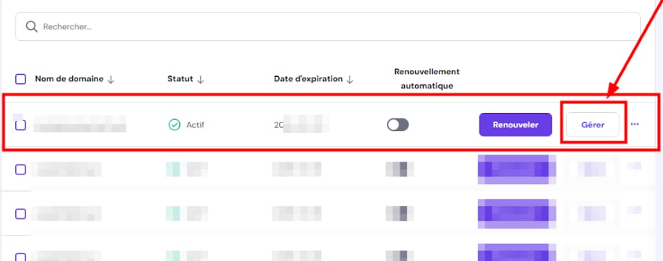 Hostinger domains list with the Manage button highlighted on one active domain row