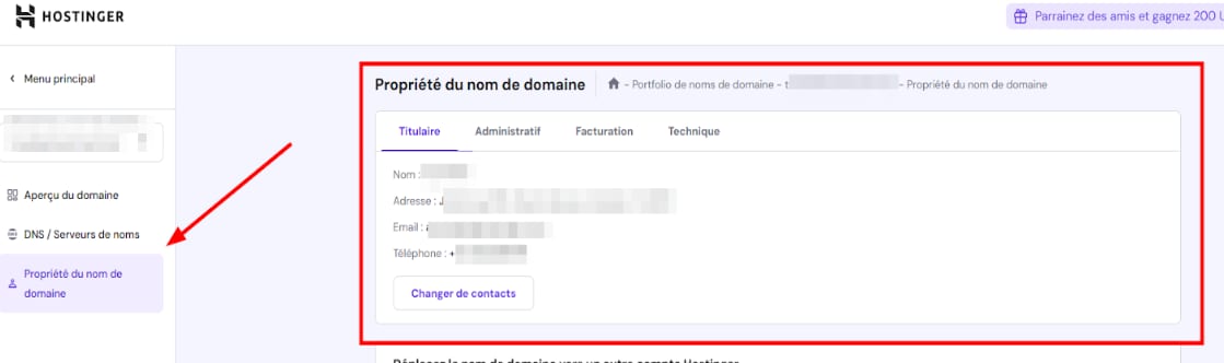Hostinger domain property page with the “Propriété du nom de domaine” menu item and contact tabs highlighted