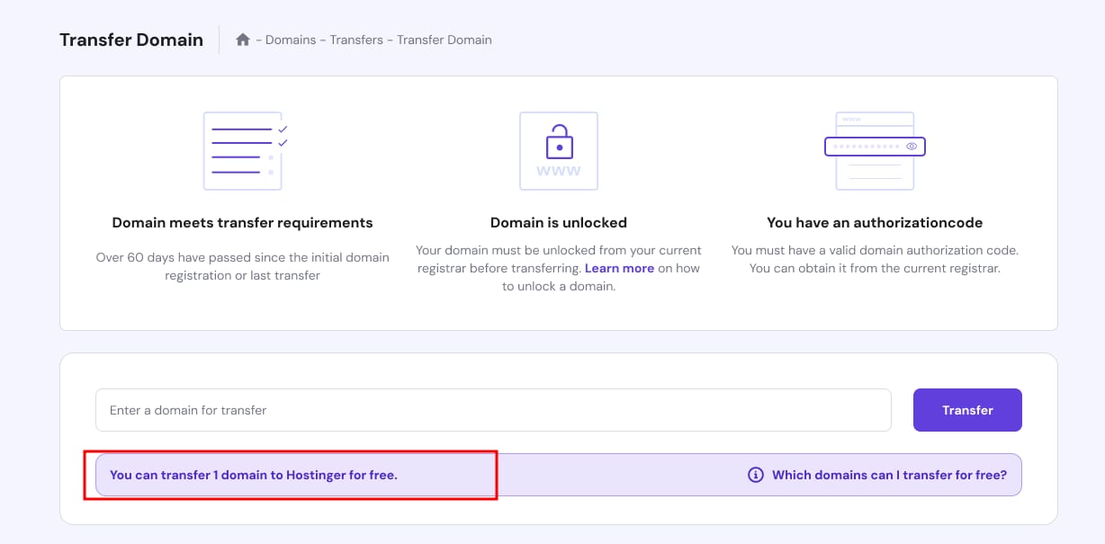 Hostinger Domain Transfer page with free transfer notice for 1 domain highlighted