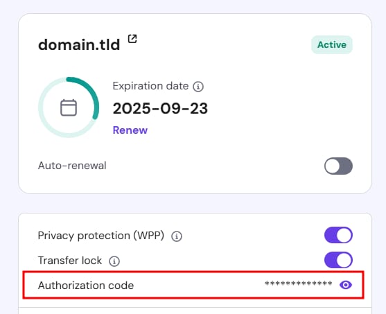 Hostinger domain settings showing the Authorization code field highlighted