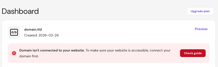 Hostinger dashboard showing domain not connected warning with Check guide button