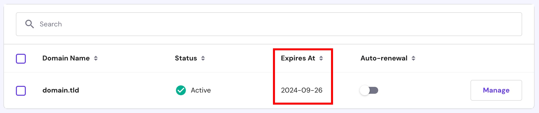 Hostinger domain list with Expires At date highlighted in the table