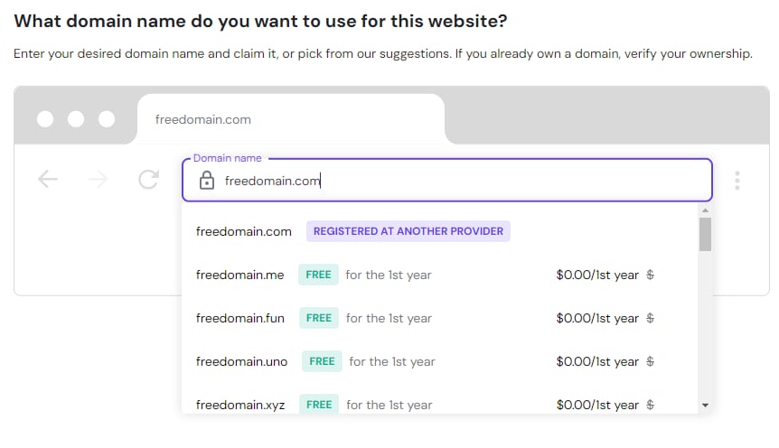 Hostinger domain search with freedomain.com entered and free 1st-year suggestions shown
