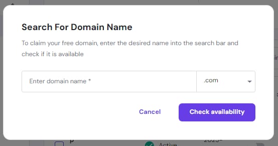 Domain search popup with highlighted Check availability button and domain name input field