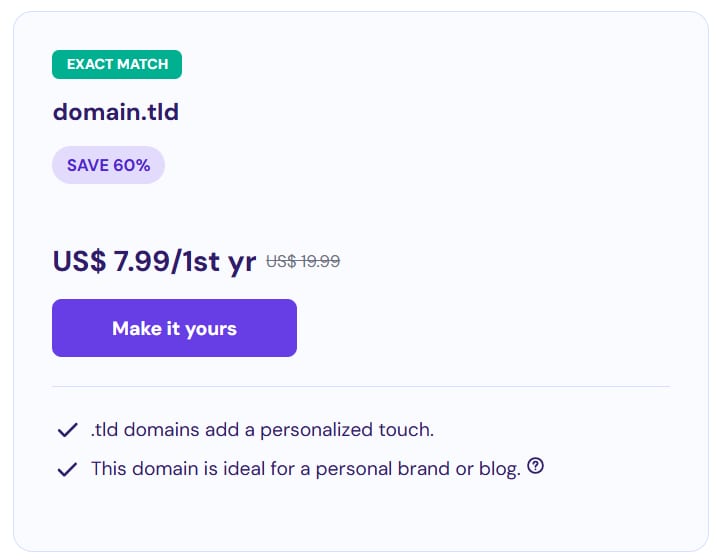 Domain registration price: US$7.99 for the first year, marked exact match and save 60%