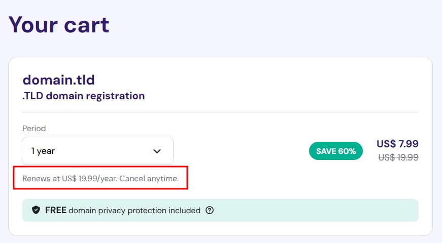 Domain registration cart showing 1-year domain.tld at US$7.99, renewal note US$19.99/year highlighted