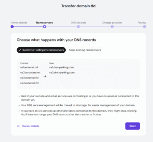 Hostinger domain transfer wizard on Nameservers step, switch to Hostinger’s nameservers selected