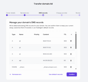 Hostinger domain transfer DNS records step with Confirm button and record table