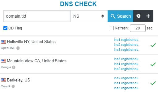 DNS check tool with highlighted NS search field and Search button for domain nameservers