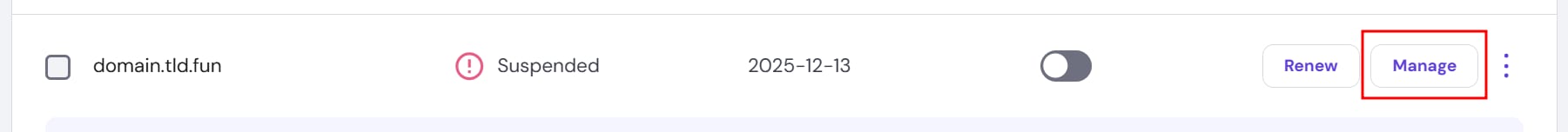 Hostinger domains list with the Manage button highlighted for suspended domain domain.tld.fun