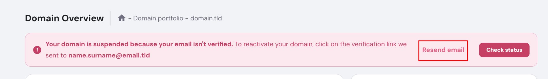 Domain overview with Resend email button highlighted in the verification notice