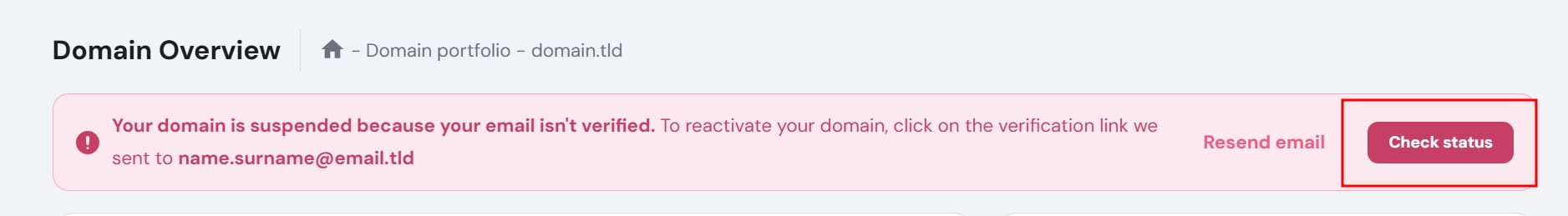 Domain overview warning with Check status button for suspended domain email verification
