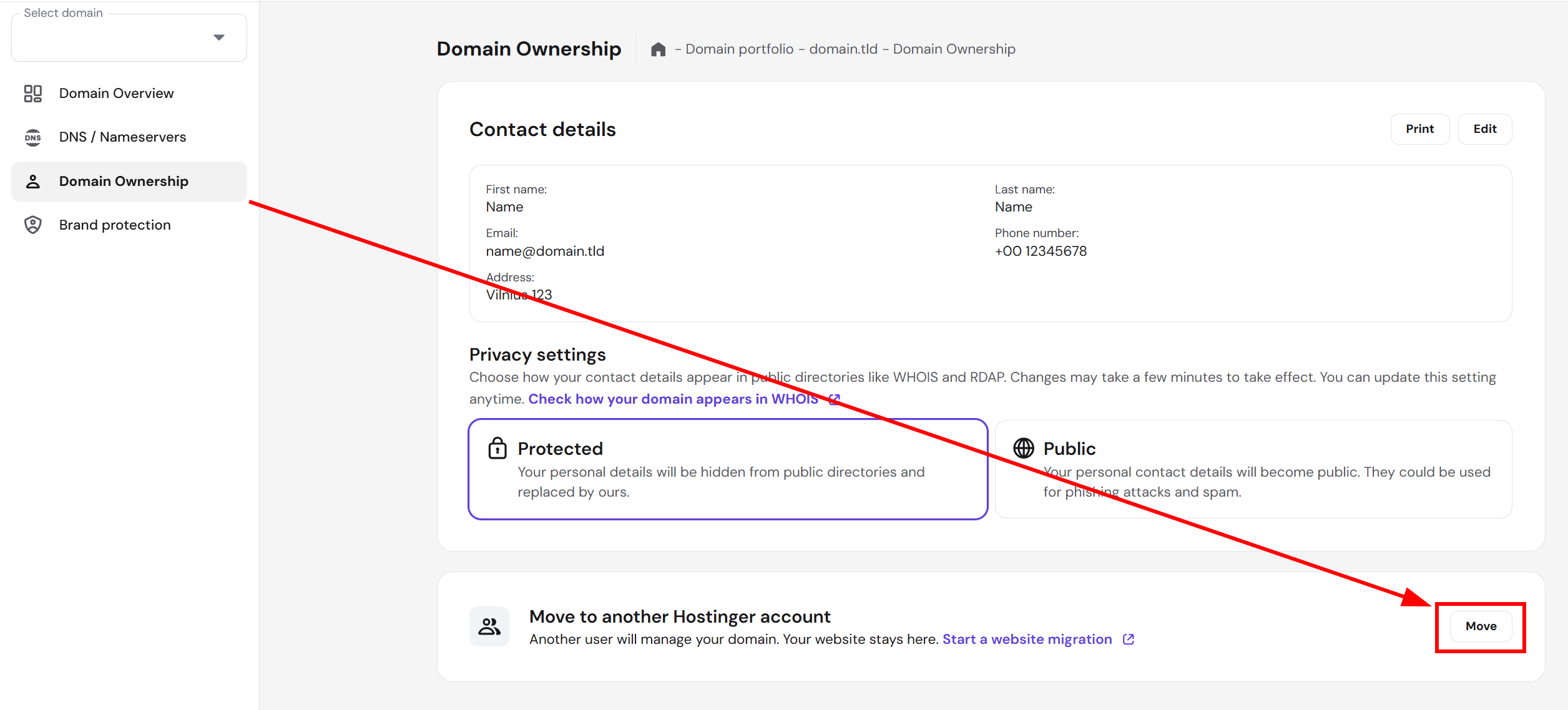 Hostinger domain ownership page with the Move button highlighted in a red box
