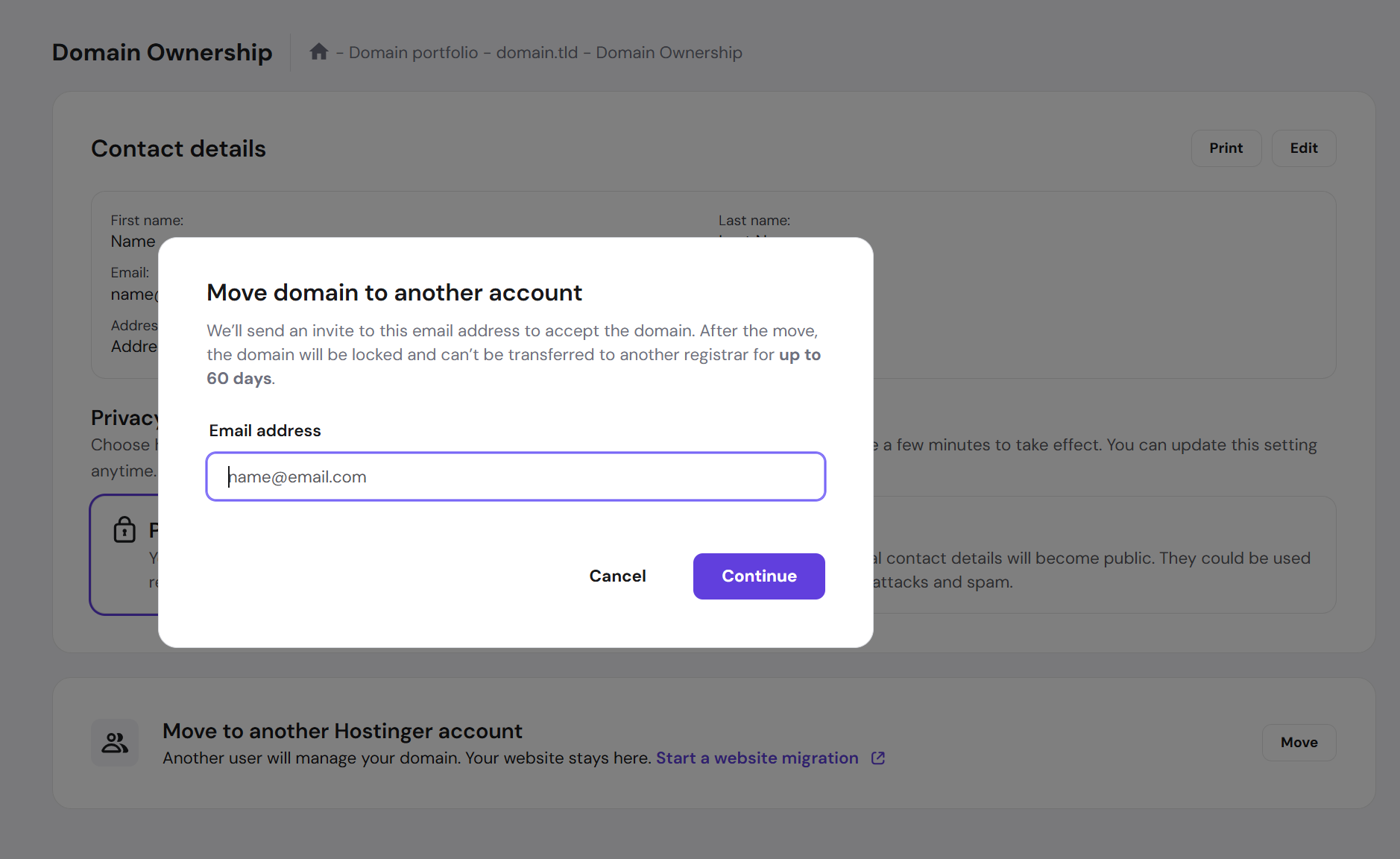Hostinger domain transfer dialog with email address field and Continue button