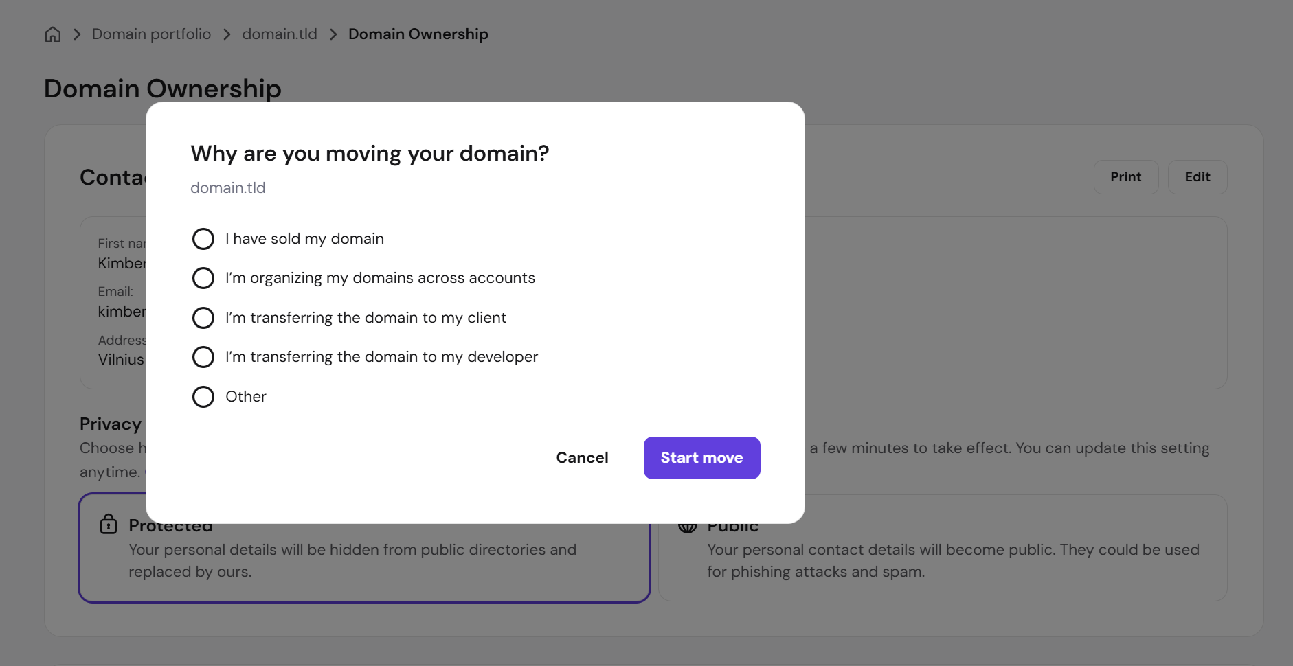 Domain ownership modal asking why you are moving your domain, with Start move button highlighted