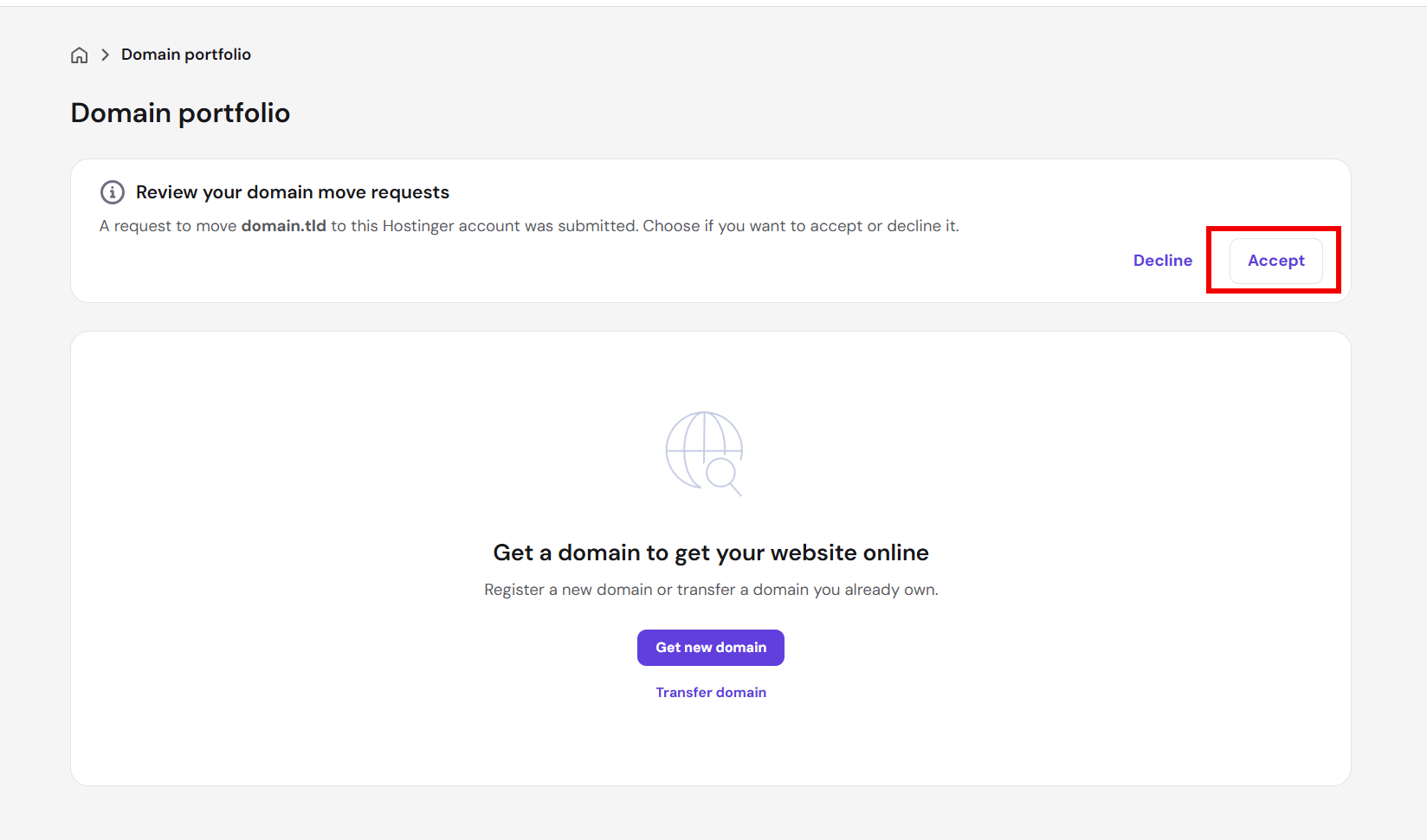 Hostinger domain portfolio with highlighted Accept button for a domain move request