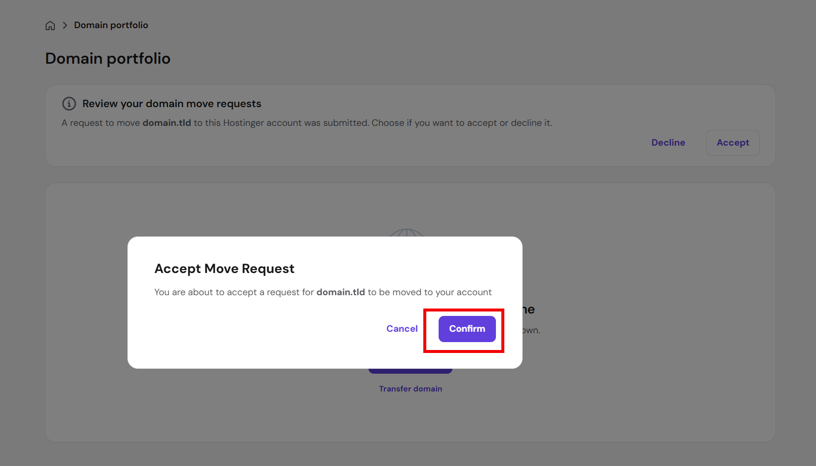 Hostinger domain move request dialog with Confirm button highlighted