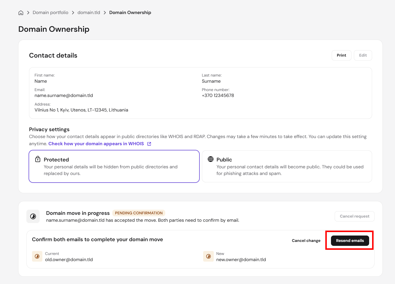 Domain Ownership page with Resend emails button highlighted in domain move confirmation section