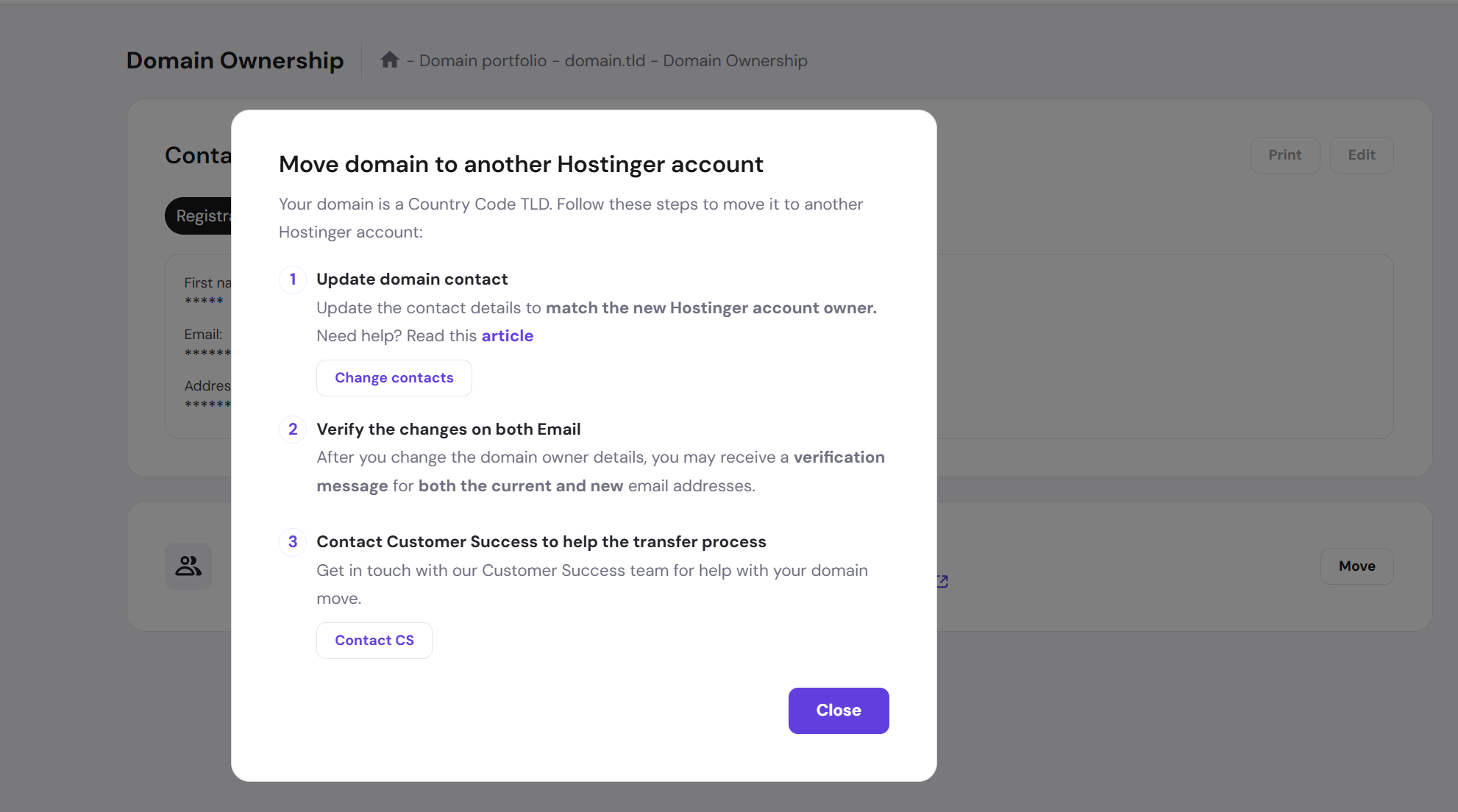 Hostinger modal: move domain to another account, with Close button highlighted