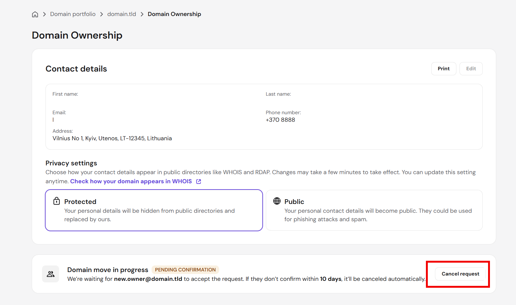 Domain ownership page with highlighted Cancel request button for pending domain move