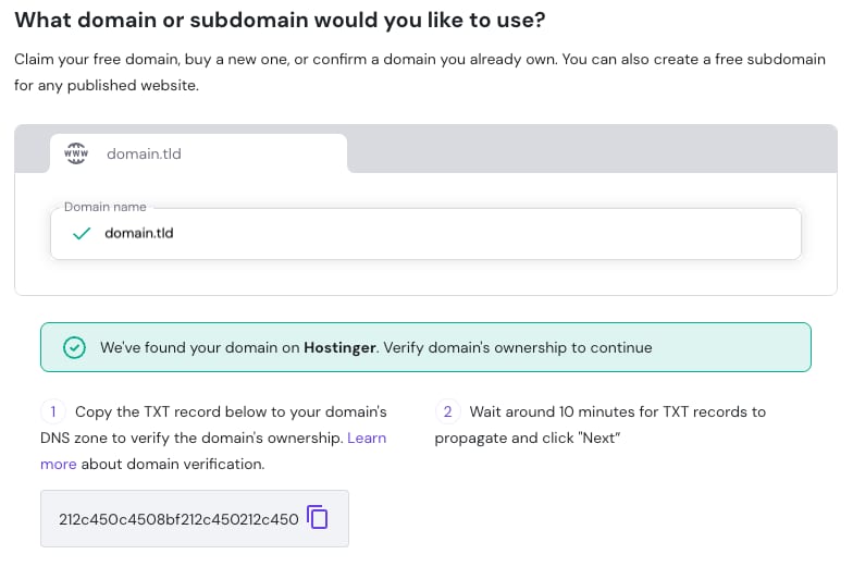 Hostinger domain verification screen with TXT record code to copy for ownership confirmation