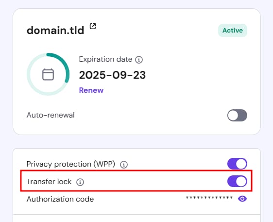 Hostinger domain settings with the transfer lock toggle highlighted