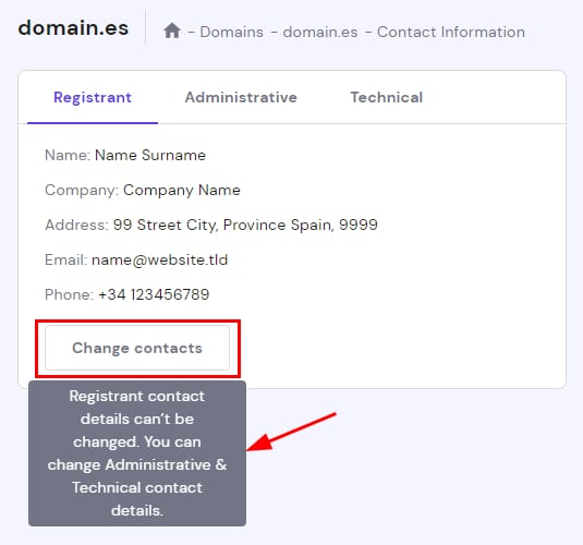 domain.es registrant tab with Change contacts button and note that registrant details can’t be changed